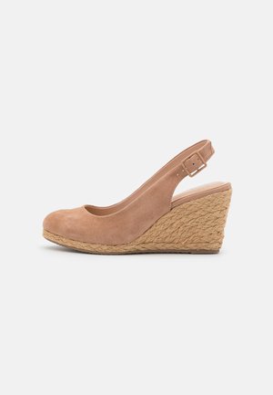 Sandalia de cuña de ante en un tono beige claro con puntera redondeada, tiras traseras y un acento de yute trenzado en la cuña. Texto suave y diseño minimalista.