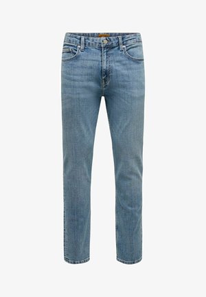 Jean en denim bleu clair coupe droite avec fermeture avant par bouton et zip, passants de ceinture et design cinq poches.