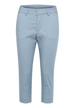Pantalones cortos de color azul claro, confeccionados con una tela suave, que cuentan con cierre de cremallera, pasadores para cinturón y bolsillos frontales.