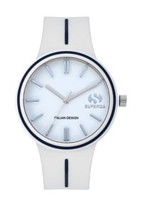 White silicone watch with a metallic silver face, featuring a navy blue accent, silver hands, and minimalistic hour markers. Brand logo displayed.