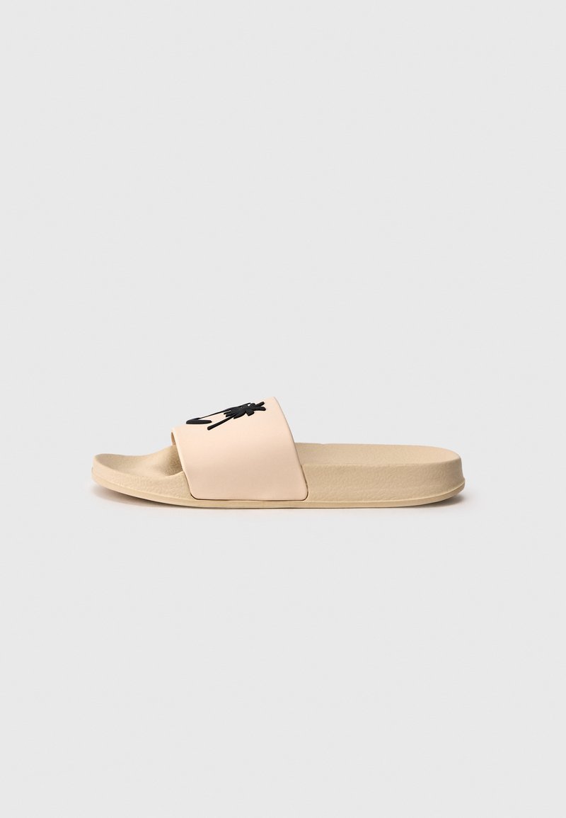 Slide sandal in light pink with a black accent and smooth rubber upper, featuring a wide band for comfort and a textured base for grip.