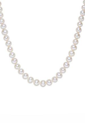 String of round, white pearls with a smooth surface, evenly spaced, displaying a subtle luster and soft sheen against a white background.