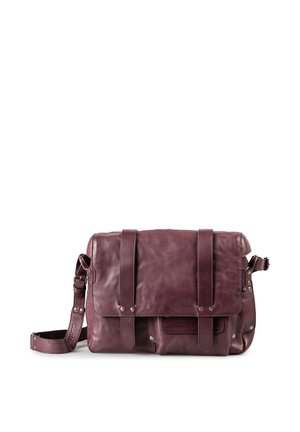 Dunkellila Leder-Messenger-Tasche mit verstellbarem Schulterriemen, Frontklappe, die mit zwei Riemen gesichert ist, und kleinem Frontfach mit Klappe.