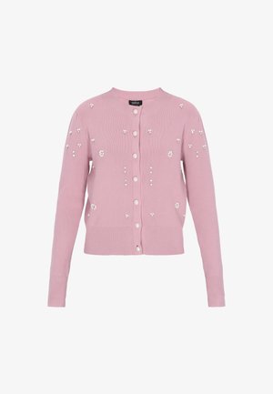 Cardigan de punto rosa con cuello redondo, cierre frontal con botones y adornos de pequeñas cuentas esparcidas por la tela.