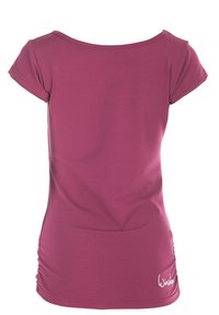 Figurbetontes T-Shirt mit kurzen Ärmeln in einfarbigem Mauve, mit einem weit geschnittenen Halsausschnitt und Raffung an den Seiten. Hergestellt aus weichem, dehnbarem Stoff.