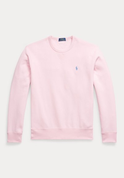 Sweatshirt rosa claro feita de algodão, com mangas compridas, gola redonda e um pequeno logótipo azul bordado no peito.