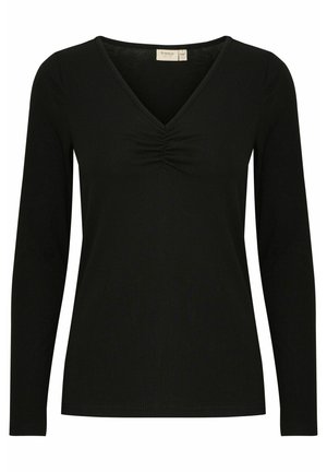 Top nero a maniche lunghe in tessuto a coste, con scollatura a V e dettaglio di arricciatura sul davanti. Il design è semplice e aderente.