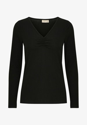 Fekete, hosszú ujjas, bordázott anyagból készült felső, V-alakú nyakkivágással és elülső ráncolással. A kialakítás egyszerű és testhezálló.