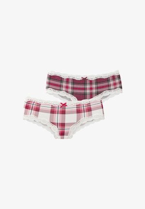 Two pairs of plaid underwear in shades of red and white, featuring delicate white lace trim and red bows as accents.