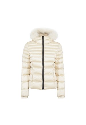 Giacca a vento crema con design trapuntato, zip nera e cappuccio in pelliccia artificiale bianca. Presenta polsini elasticizzati e una silhouette aderente.