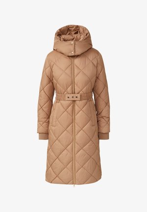 Long beige quilted coat with high collar, detachable belt, zip closure, and ribbed cuffs.