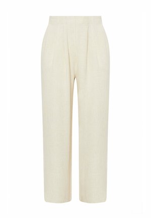 Højtaljede, vidde ben, beige bukser med forreste folder og en skjult taljebånd, vist mod en hvid baggrund.