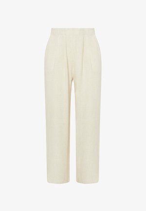 Pantalon beige taille haute à jambes larges avec plis à l'avant et ceinture cachée, présenté sur fond blanc.