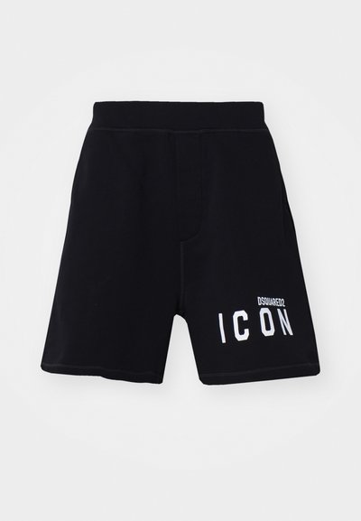 Shorts noirs en coton, dotés d'un graphique blanc "ICON" sur le côté inférieur. Ceinture élastique avec des détails de couture visibles.