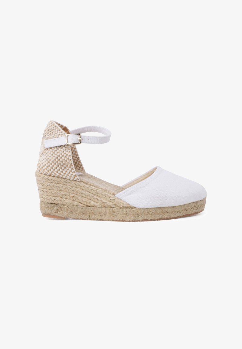 White canvas espadrille with woven natural jute wedge, an adjustable ankle strap, and a round toe. Textured heel detail adds visual interest.