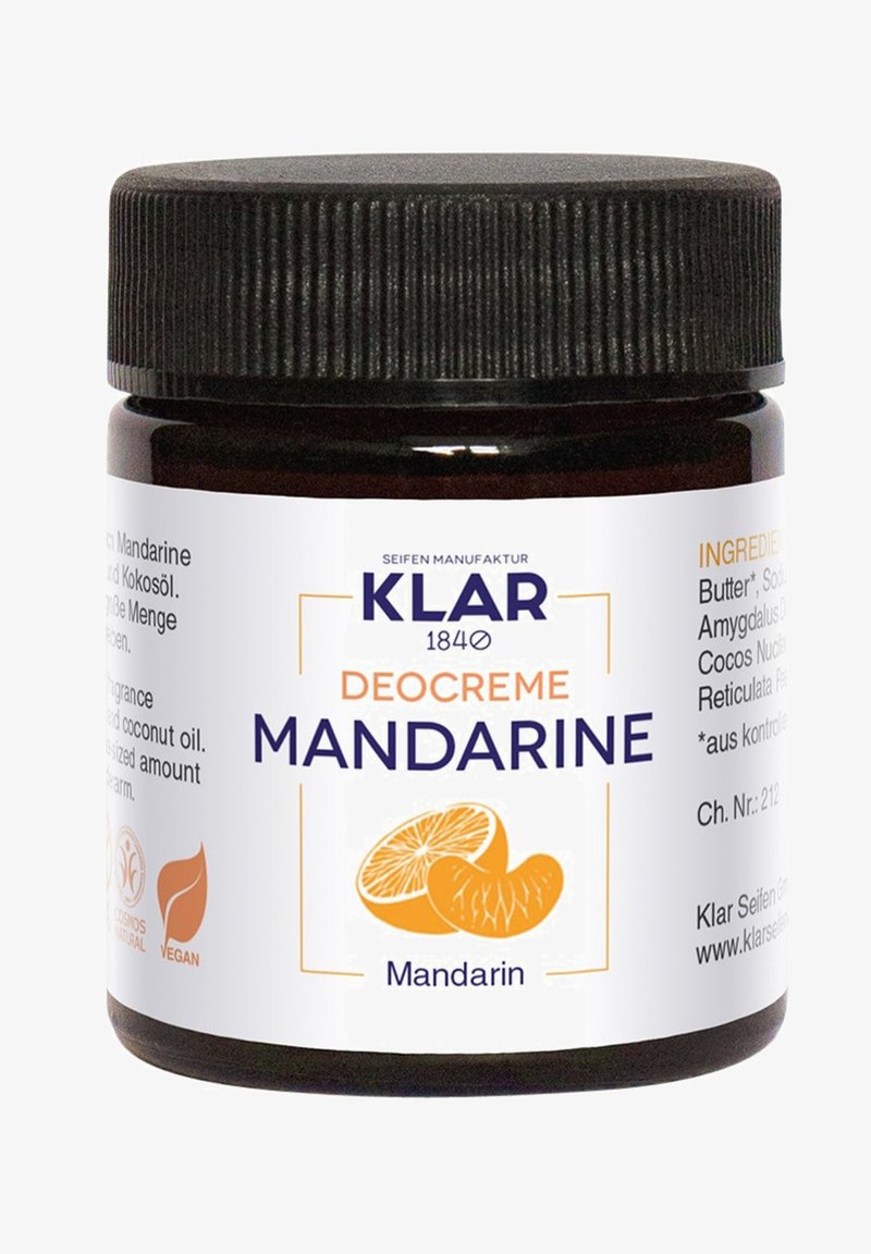 Jar of Klar 1840 mandarin-scented deodorant cream with black lid, white label, mandarin fruit illustration, and vegan certification symbols.
