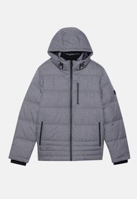 Giacca imbottita grigia con cappuccio, dotata di una chiusura frontale con zip, due tasche laterali e dettagli neri sui polsini e sui bordi della zip.