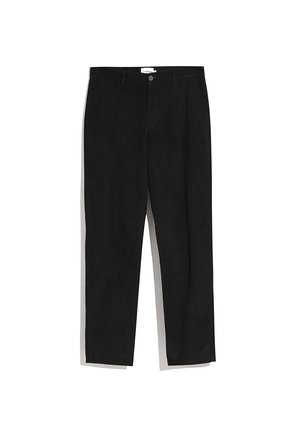 Pantalons en velours côtelé noir avec une coupe droite, dotés d'une fermeture à bouton et de quatre poches. Le tissu texturé offre une apparence douce.