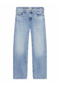 Jeans de mezclilla azul claro con un diseño de pierna recta, que cuentan con cinco bolsillos y un cierre de botón. Patrón de desgaste ligero en la tela, sin adornos.