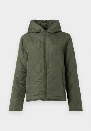 Giacca imbottita verde con cappuccio. Presenta una zip frontale e tasche laterali. Motivo a diamante testurizzato con una finitura liscia.