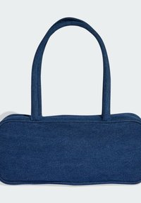 Denim handbag with a rectangular shape, dark blue color, two sturdy fabric handles, and a zip closure along the top edge.