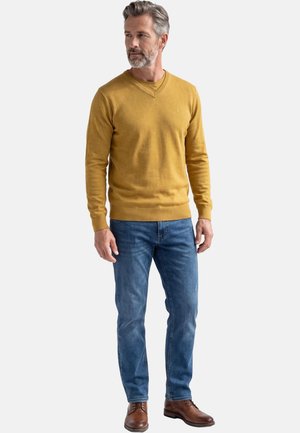 Uomo con capelli grigi e barba che indossa un maglione giallo senape, jeans blu e scarpe di pelle marrone, in piedi contro uno sfondo chiaro e semplice.