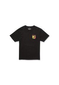 Sort bomulds T-shirt med korte ærmer og rund hals. Har et farverigt broderet graphic på venstre brystområde.