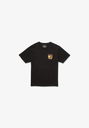 T-shirt en coton noir à manches courtes et col rond. Présente un motif coloré brodé sur la zone gauche de la poitrine.