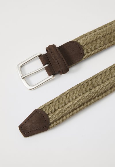 Braided green fabric belt with brown suede accents and a silver metal buckle, featuring a pointed tip design and textured weave.