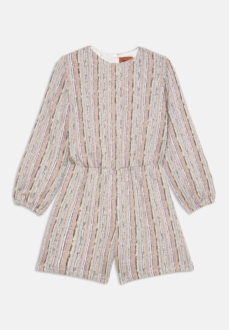 Fargerik stripete romper i lett stoff, med lange ermer, rund hals og elastisk midje med knappdetaljer.