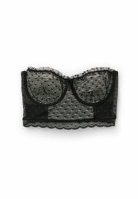 Zwarte kant onderwired bustier met sheer stippenstof, gerimpelde accenten langs de bovenrand en een golvende zoomdetail.