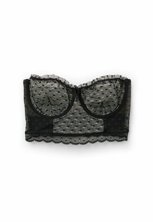 Black lace underwire bustier with sheer polka dot fabric, ruffled accents along the top edge, and a scalloped hem detail.
