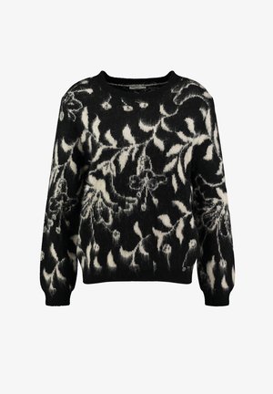 Schwarz-weißes Sweater mit floralem Muster, rundem Halsausschnitt und langen Ärmeln. Hergestellt aus weichem, strukturiertem Strickmaterial.