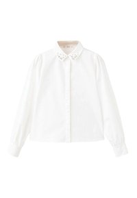 Chemise blanche  à manches longues avec un col classique orné de décorations transparentes et des épaules bouffantes. Tissu lisse avec une fermeture boutonnée à l'avant.