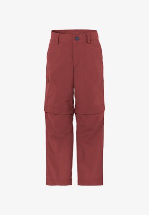 Rode, lichte, waterbestendige cargobroek met knoopsluiting, meerdere zakken en een ritssluiting op het been voor verstelbare lengte.