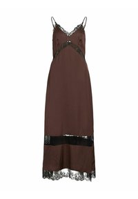 Bruine satijnen slipdress met verstelbare spaghettibandjes, voorzien van zwarte kantafwerking bij de halslijn en zoom, en een uitsnedeontwerp onder de buste.