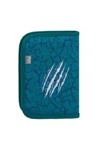 Portafoglio blu verde con zip realizzato in tessuto testurizzato, caratterizzato da segni di artigli in bianco e modelli blu scuro. Etichetta del logo visibile sul lato.