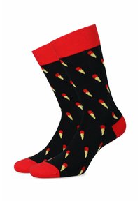 Czarne skarpetki z czerwonym mankietem i palcem, z wzorem w żółte i czerwone lody w rożku na całej powierzchni materiału. Miękka, dziana tekstura.