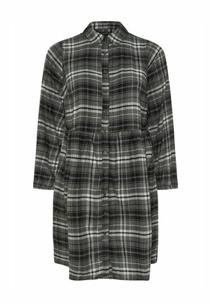 Kleid mit Knopfleiste in grauem und schwarzem Karomuster, mit Kragen, langen Ärmeln und elastischem Bund für eine bequeme Passform.
