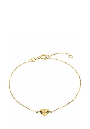 Gouden kettingarmband met een hart centerpiece met een textuurontwerp. Verstelbare sluiting en schakelkette voor een variabele pasvorm.