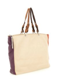Borsa tote in pelle color crema con manici marroni e pannelli laterali in contrasto viola e arancione, chiusura con zip visibile su un lato.