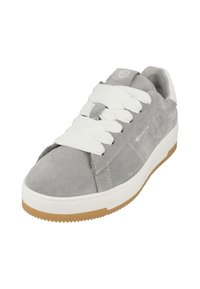 Gray suede sneaker with white laces, a white midsole, and a gum rubber outsole. Features a rounded toe and stitched detailing.