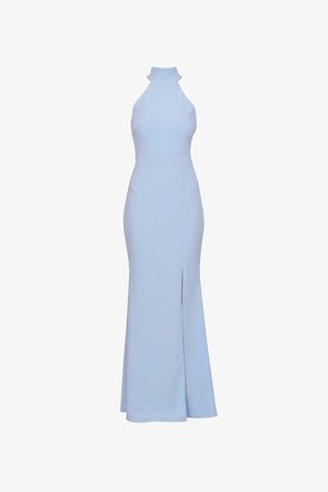 helehall sinine, varrukateta, põrandapikkusega kleit kõrge kaelusega ja esiosas seelikul lõhikuga.