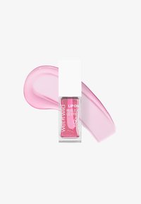 Läppolja i genomskinlig glasförpackning med vit kork; rosa vätska inuti; en glansig rosa swirl-textur bredvid den. Har märkningen "7 oljor".
