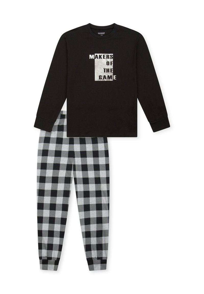 Schwarzes Langarmshirt mit weißem Text "MAKERS OF THE GAME" auf der Vorderseite, kombiniert mit grau-schwarzen karierten Schlafanzughosen.