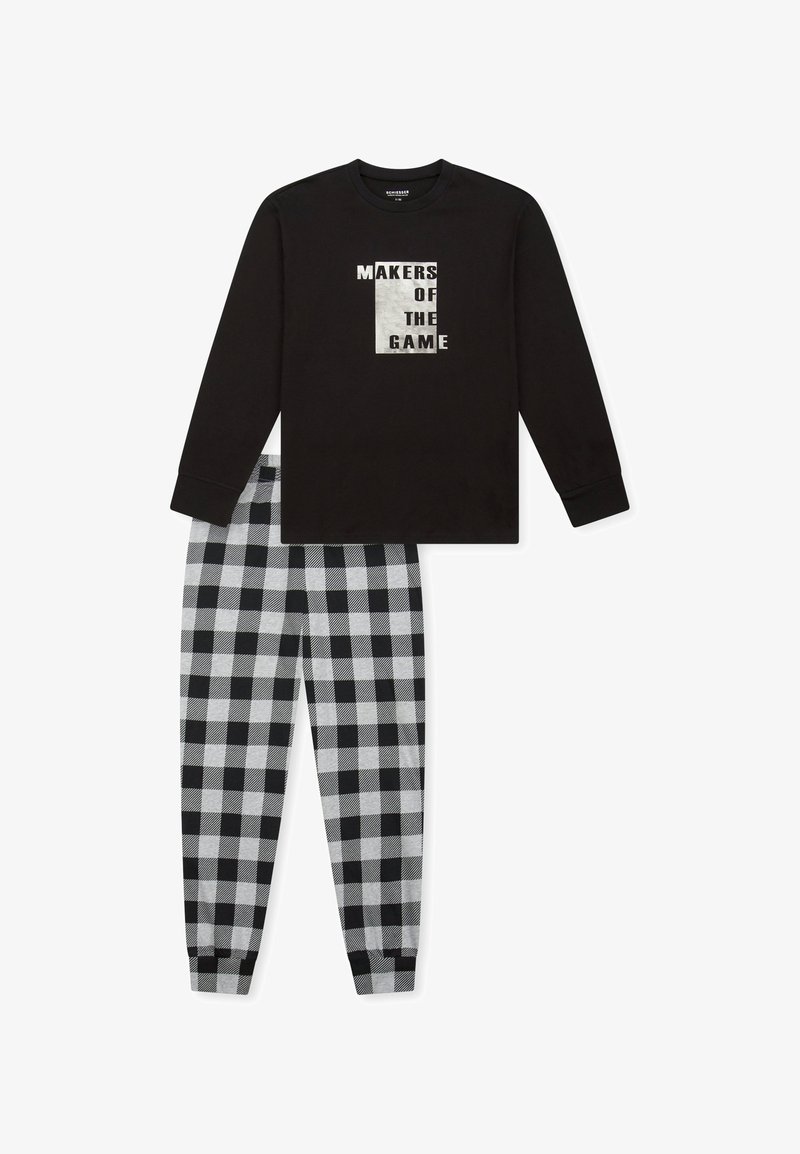 Schwarzes Langarmshirt mit weißem Text "MAKERS OF THE GAME" auf der Vorderseite, kombiniert mit grau-schwarzen karierten Schlafanzughosen.