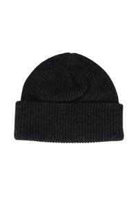 Zwart geribbeld gebreid beanie met een omgeslagen rand, ontworpen voor warmte en casual gebruik.