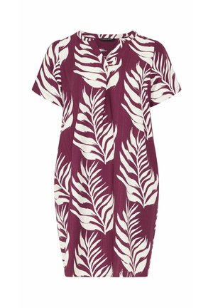 Robe courte à manches courtes violette avec motif de feuilles tropicales blanches, encolure en V, coupe droite et décontractée.