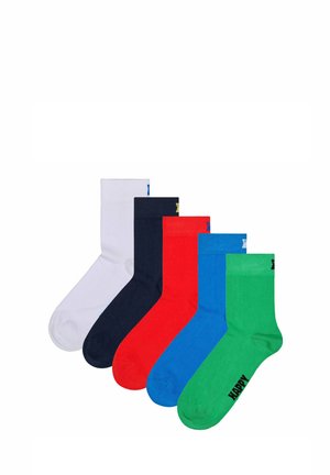 Five pairs of crew socks in white, navy, red, blue, and green. Each has a smooth texture and a colored accent at the top.