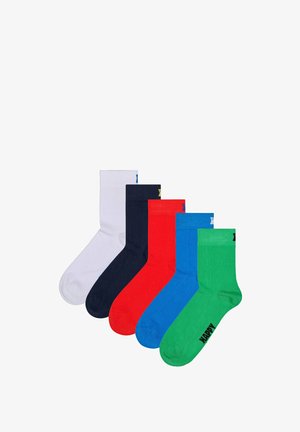 Five pairs of crew socks in white, navy, red, blue, and green. Each has a smooth texture and a colored accent at the top.